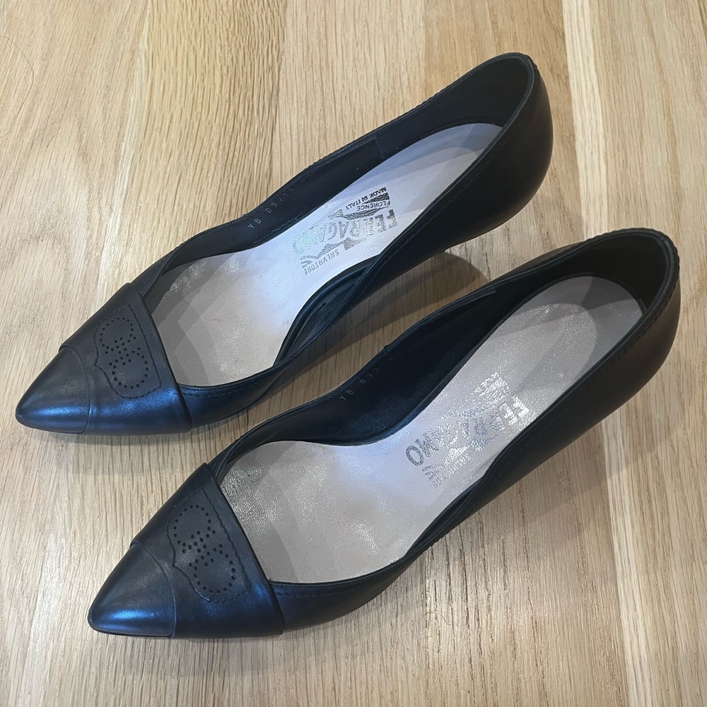 Salvatore Ferragamo Vintage Leather Black Kitten Heels - Size 7
